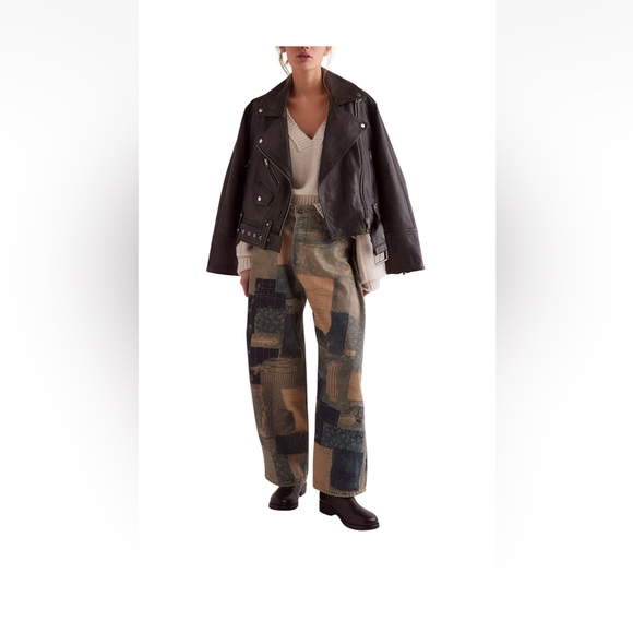 Free People Womens Illusions Patchwork Barrel Leg Jeans 26 Indigo Combo NWT